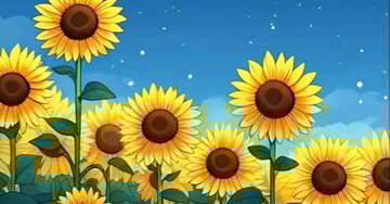 Cartão animado de Ano Novo com citação poética sobre um campo de girassóis à noite, sob um céu estrelado com lua, estrelas cadentes e fogos de artifício.