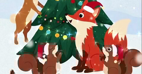 Carte animée de Noël avec écureuils, biches et renards portant des bonnets rouges autour d'un sapin décoré et illuminé sous la neige