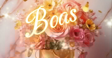 Postal virtual grátis com um buquê de rosas cor-de-rosa e amarelas em um vaso dourado, com presentes, balões e confetes. O texto 'Boas Festas!' aparece no final.