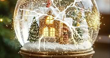 Cartão animado com um globo de neve tradicional. Dentro, o Papai Noel prepara presentes que, magicamente, se transformam numa chuva de embrulhos coloridos.