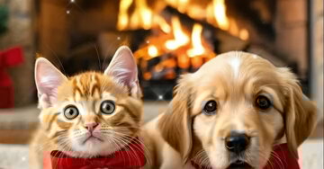 Um filhote de golden retriever e um gatinho ruivo, ambos com laços vermelhos, sentados num cobertor em frente a uma lareira acesa com meias de Natal.