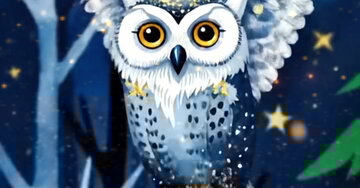 Cartão animado grátis com uma coruja-das-neves que voa por uma paisagem de inverno sob um céu estrelado para entregar votos poéticos de Feliz Ano Novo.