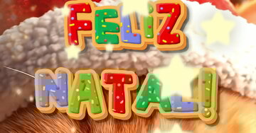 Gatinho ruivo animado, com gorro de Pai Natal, sentado junto a uma lareira. Ele convida a tocar numa centelha de luz para fazer um desejo de Natal.