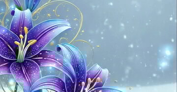 Cartão animado de Ano Novo. Lírios roxos e azuis florescem na neve enquanto flocos caem. A mensagem 'Feliz Ano Novo' aparece com uma luz de néon rosa.