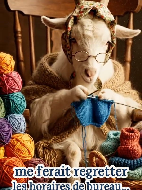 Carte animée humoristique avec chèvre portant des lunettes et tricotant dans un fauteuil entouré de pelotes de laine, citation drôle sur la retraite et les heures sup