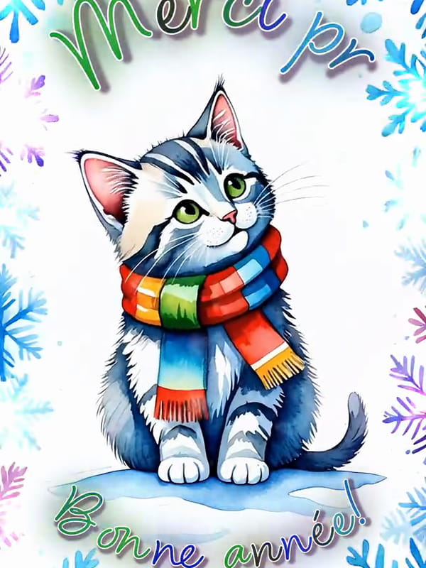 Chaton gris mignon avec écharpe arc-en-ciel assis dans la neige avec flocons et texte Merci et bonne année