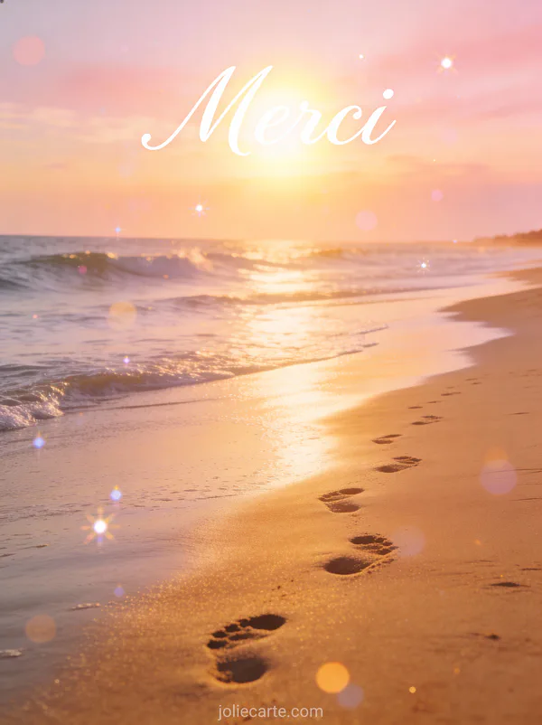 Plage paisible au lever du soleil avec vagues douces et pas dans le sable doré avec le texte Merci