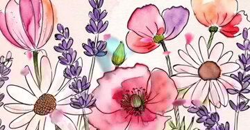 Carte fleurie aquarelle avec coquelicots lavande et papillons portant un message de remerciement émouvant