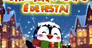 Cartão animado com um pinguim de cachecol a dançar numa aldeia natalina à noite. Neve cai sobre a cena festiva e alegre.