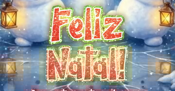 Cartão animado de Natal com bonecos de neve sorridentes usando gorros, segurando lanternas e celebrando numa paisagem de inverno com luzes.