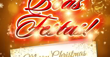 Cartão animado com a mensagem 'Boas Festas' em letras luminosas e coloridas. Ao fundo, um postal vintage do Pai Natal em seu trenó, com renas, sob sinos de Natal dourados.