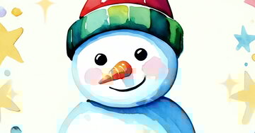 Cartão animado de um boneco de neve em aquarela, com gorro colorido, piscando o olho. O texto 'Feliz Ano Novo' e estrelas coloridas o enfeitam.