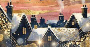 Village enneigé sous ciel étoilé avec étoiles filantes, animation de vœux de nouvel an chaleureux