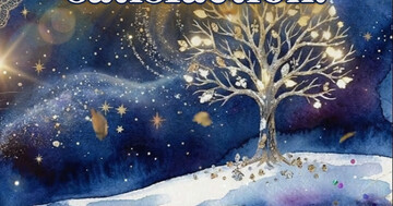 Carte animée formule meilleurs vœux avec arbre lumineux sur colline enneigée sous ciel étoilé bleu nuit