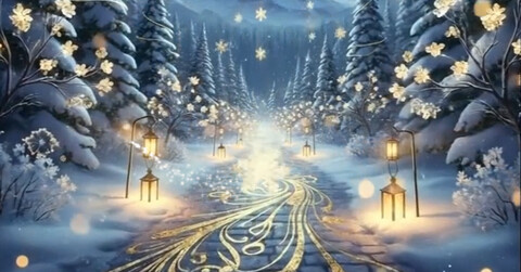 Carte animée formule vœux nouvelle année avec paysage hivernal bleu et doré, boule de cristal et lanternes lumineuses