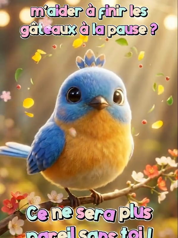 Carte animée humoristique départ avec un oiseau bleu sur une branche fleurie automnale