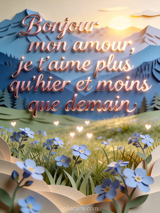 Illustration en papier découpé d'une prairie alpine au lever du soleil avec myosotis et texte Bonjour mon amour