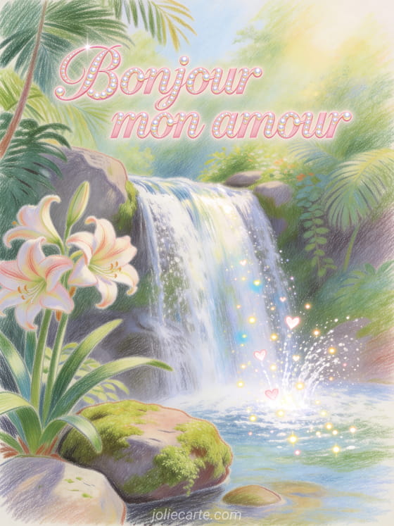 Illustration pastel d'une cascade tropicale au matin avec amaryllis, éclats en coeur et texte Bonjour mon amour