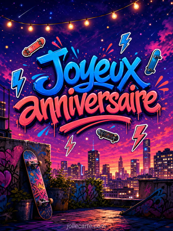 Carte d'anniversaire dynamique pour jeune homme avec ballons colorés et décor moderne festif