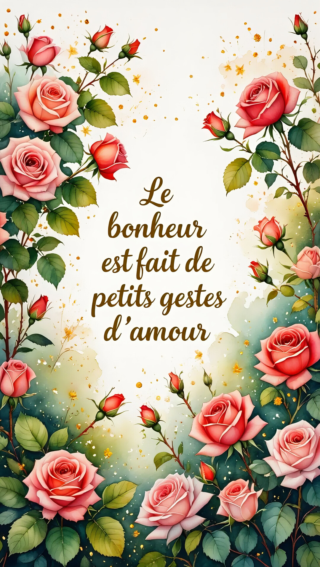 Des rosiers grimpants aux fleurs roses et rouges encadrent un message central sur un fond blanc de style aquarelle parsemé d'éclats dorés.