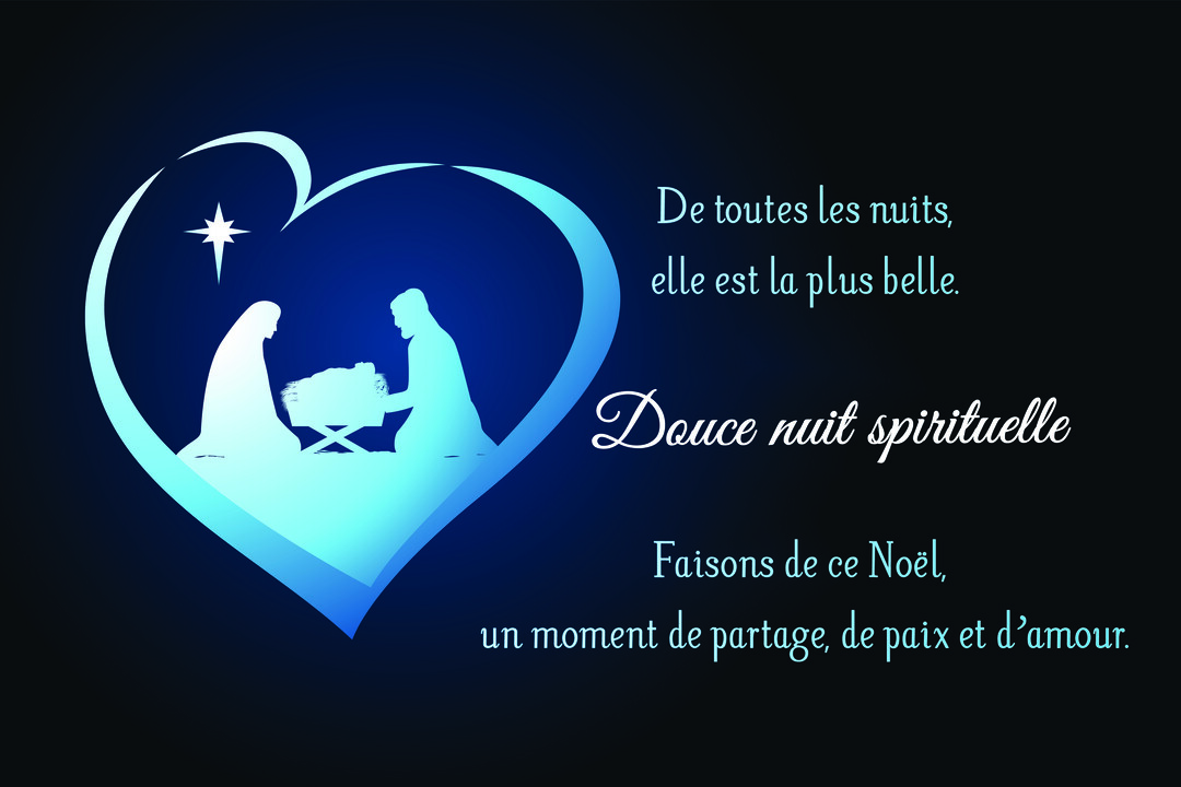 Dans un cœur bleu stylisé, les silhouettes de Marie et Joseph se penchent sur l'enfant Jésus, sous l'éclat d'une étoile.