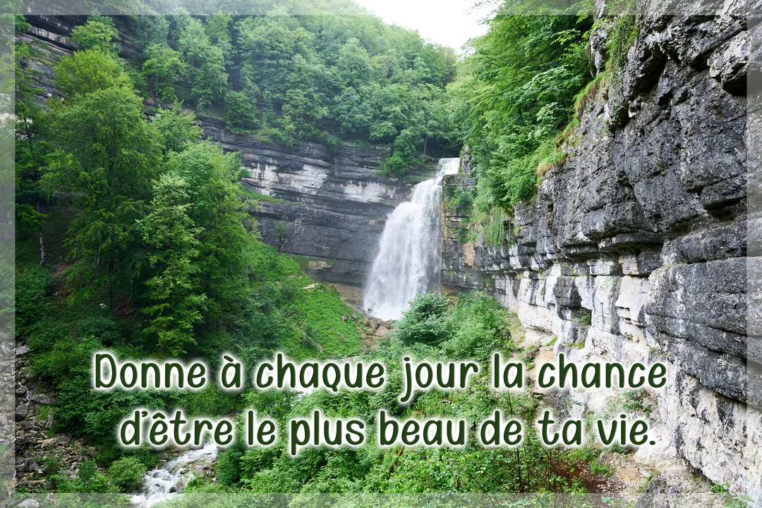 Une majestueuse cascade se jette d'une falaise rocheuse au cœur d'une forêt dense et verdoyante, sous une lumière douce et naturelle.