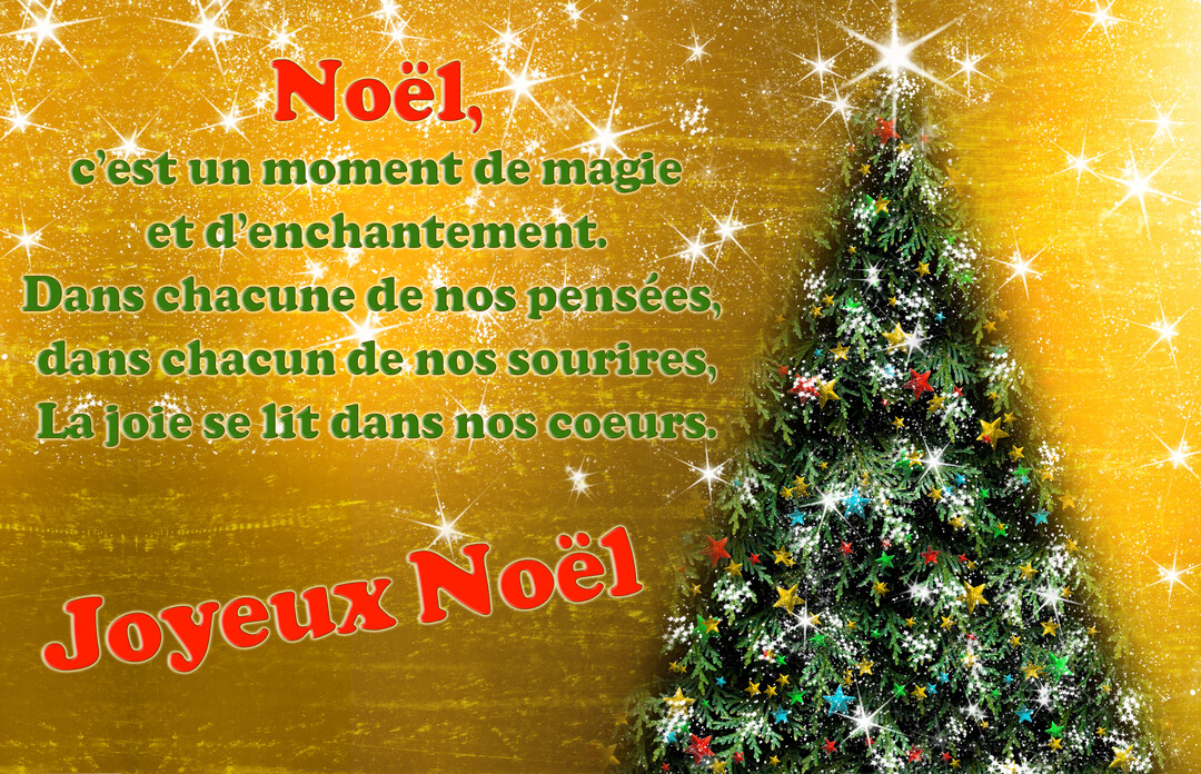 Une carte de Noël présentant un poème à côté d'un sapin illuminé sur un fond doré éclatant parsemé de nombreuses étoiles scintillantes.