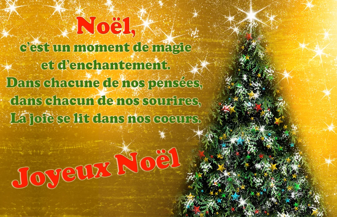 Une carte de Noël présentant un poème à côté d'un sapin illuminé sur un fond doré éclatant parsemé de nombreuses étoiles scintillantes.