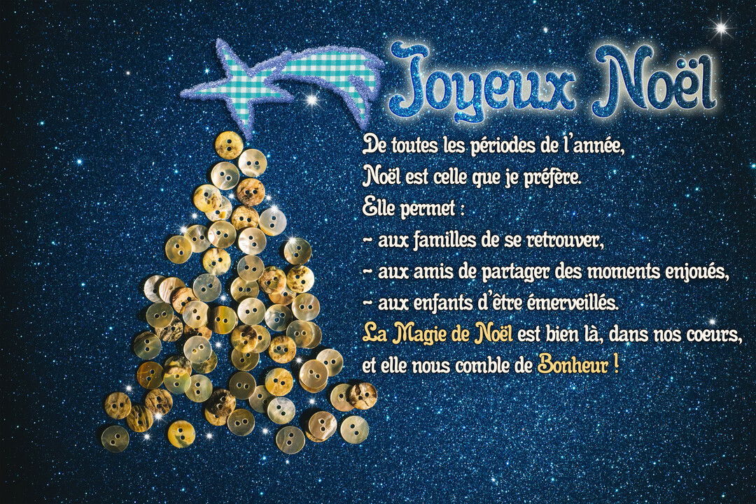 Sur un fond bleu nuit scintillant, un sapin de Noël est formé de boutons de nacre, surmonté d'une étoile filante en tissu à carreaux.