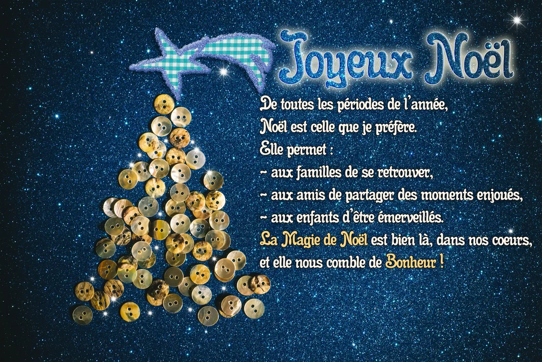 Sur un fond bleu nuit scintillant, un sapin de Noël est formé de boutons de nacre, surmonté d'une étoile filante en tissu à carreaux.