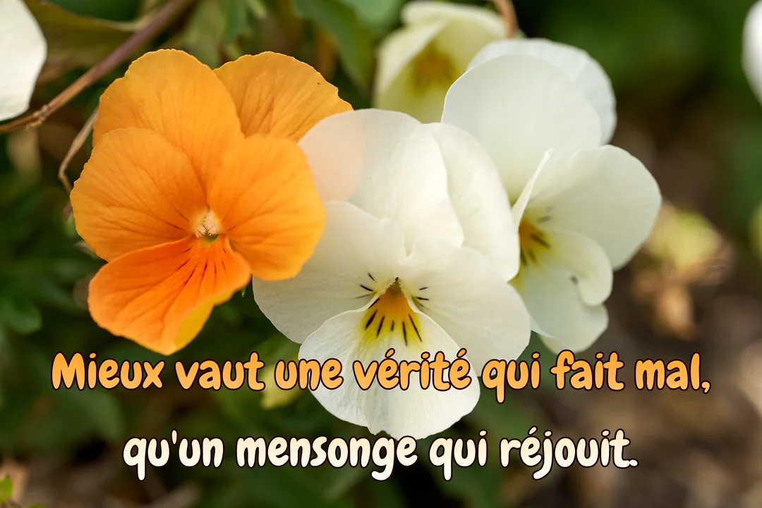 Gros plan sur des fleurs de pensées, une orange et plusieurs blanches, avec une citation sur la vérité superposée en premier plan.
