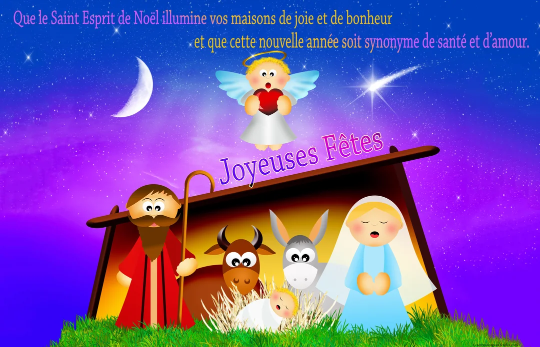 Une illustration enfantine de la Nativité sous un ciel étoilé, avec un ange tenant un cœur rouge au-dessus de la crèche.