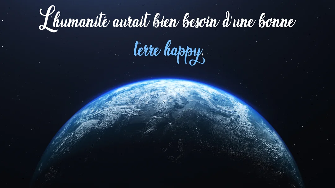 La planète Terre, vue de l'espace, est auréolée de lumière bleue sur un fond étoilé, avec un texte poétique superposé.