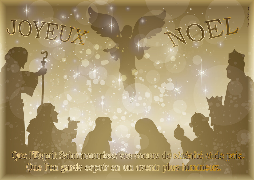 Une scène de la Nativité en silhouettes dorées sur un fond lumineux, avec les Rois Mages, des bergers et un ange.