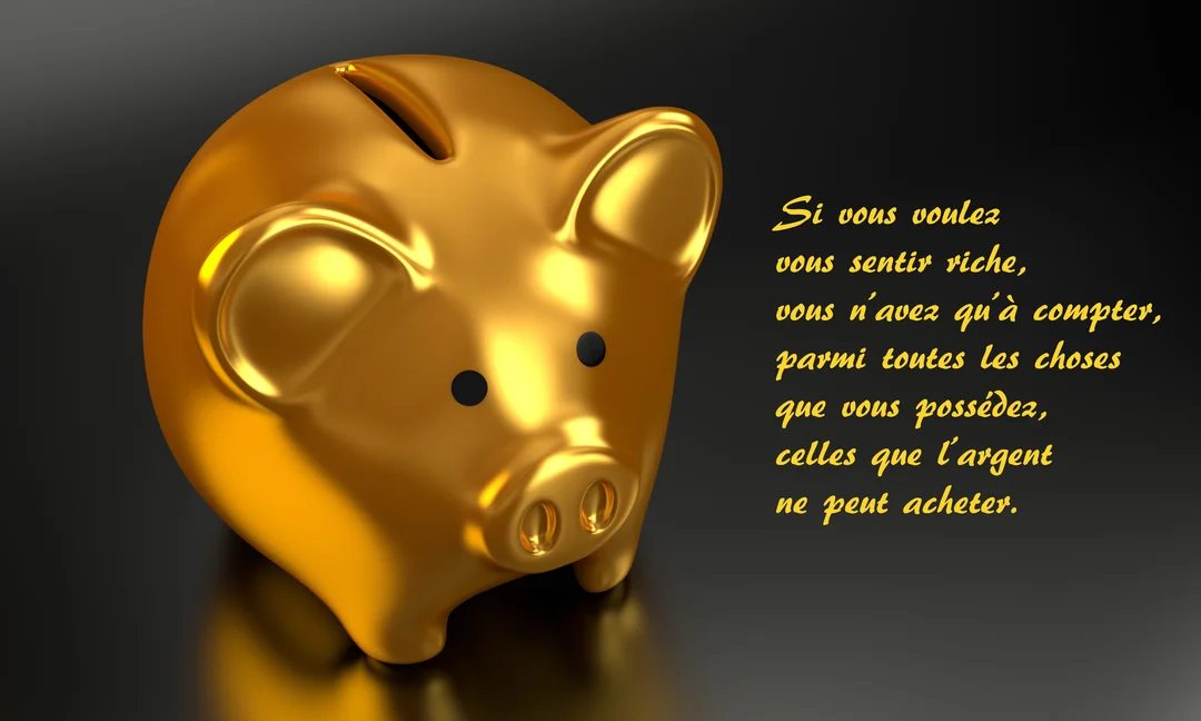 Un cochon-tirelire doré et brillant, posé sur une surface noire réfléchissante, à côté d'une citation philosophique écrite en lettres dorées cursives.