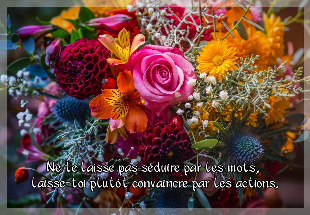 Un gros plan sur un bouquet de fleurs dense et coloré, avec une rose rose au centre, surmonté d'une citation inspirante.