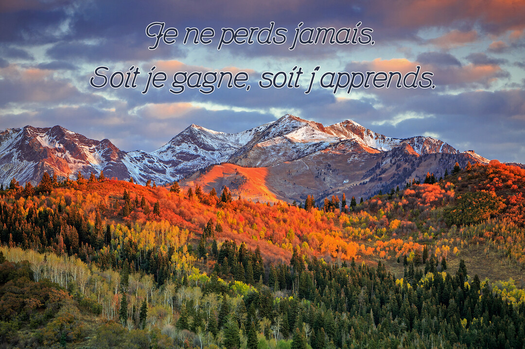 Un majestueux paysage de montagnes enneigées surplombe une forêt aux couleurs vives de l'automne, sous un ciel nuageux au crépuscule.