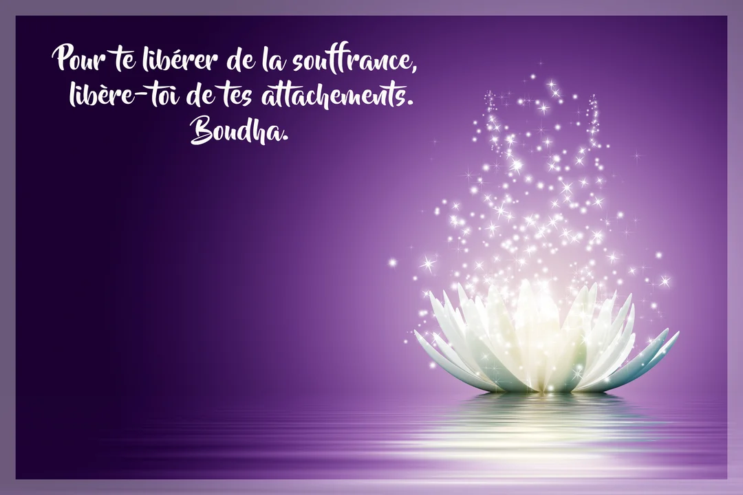 Une fleur de lotus blanche lumineuse, posée sur une surface d'eau calme, émet des étincelles magiques sur un fond dégradé de violet.