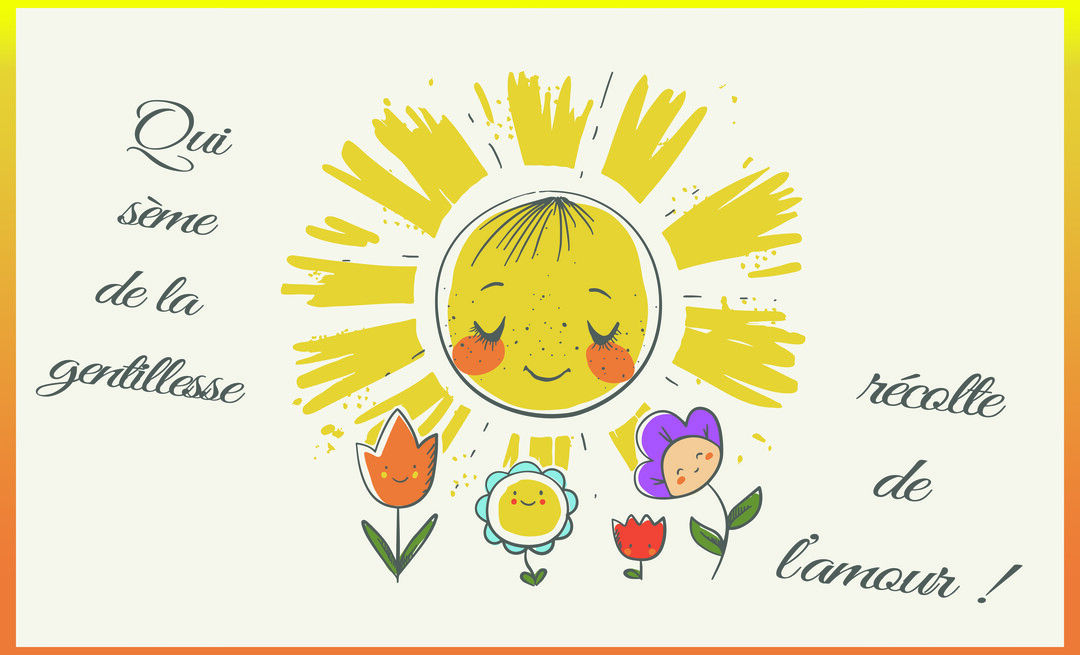 Un soleil au visage souriant et aux yeux fermés brille au-dessus de quatre petites fleurs anthropomorphes sur un fond clair et joyeux.