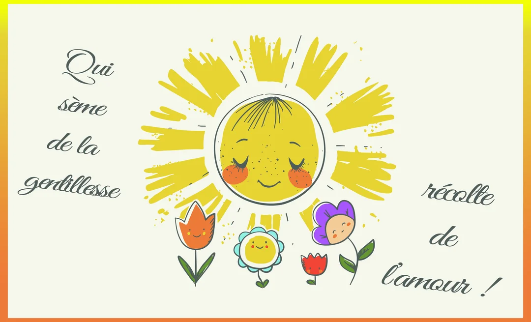 Un soleil au visage souriant et aux yeux fermés brille au-dessus de quatre petites fleurs anthropomorphes sur un fond clair et joyeux.