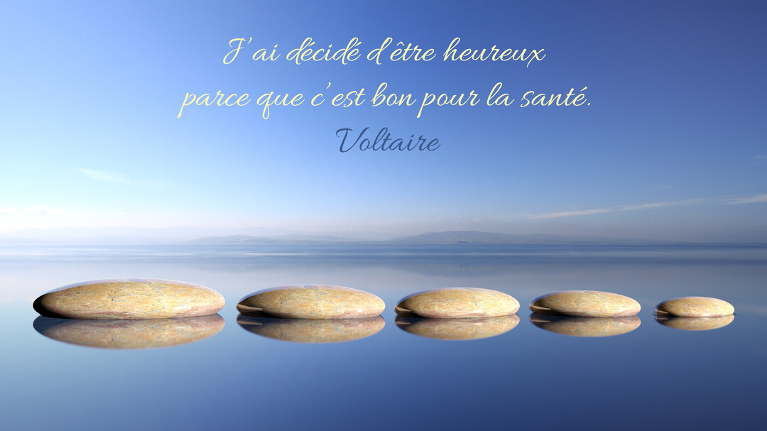 Des galets beiges alignés en perspective sur une surface d'eau réfléchissante, sous un ciel bleu clair où est inscrite une citation de Voltaire.
