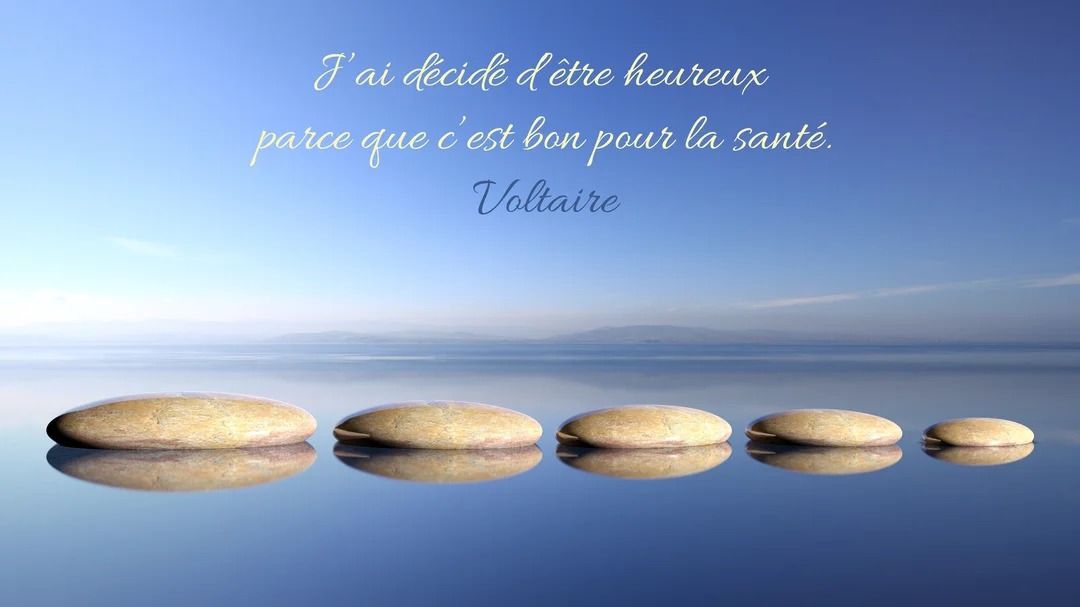 Des galets beiges alignés en perspective sur une surface d'eau réfléchissante, sous un ciel bleu clair où est inscrite une citation de Voltaire.