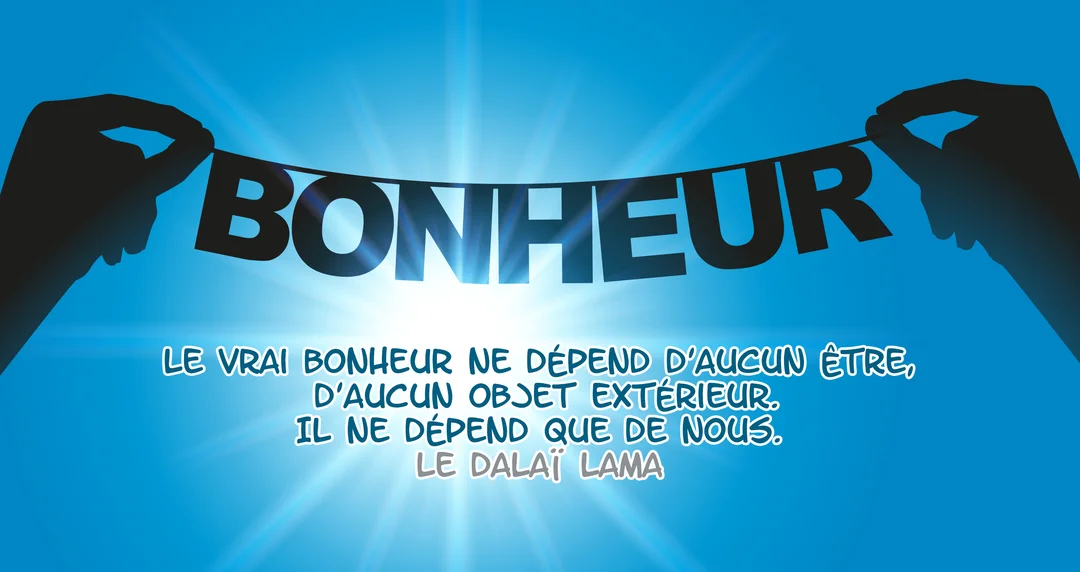 Deux mains en silhouette tiennent une guirlande formant le mot 'Bonheur' devant une lumière éclatante sur un fond dégradé de bleu.