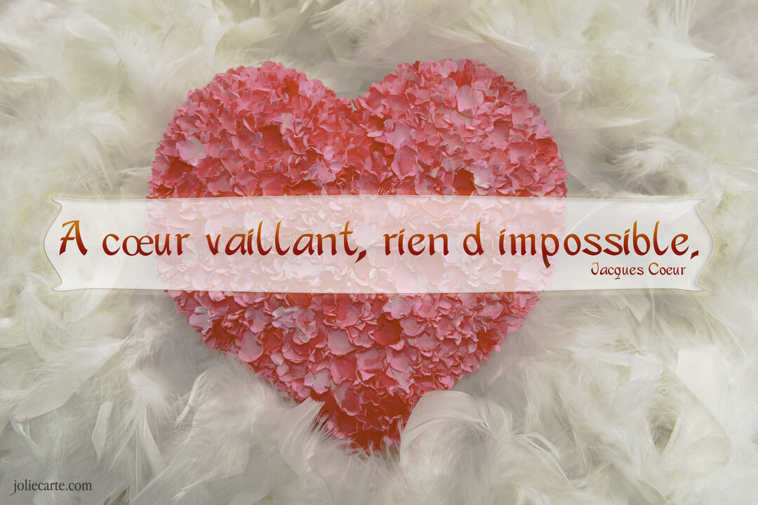Un cœur rose composé de pétales repose sur un lit de plumes blanches, avec la citation 'A cœur vaillant, rien d'impossible' superposée.
