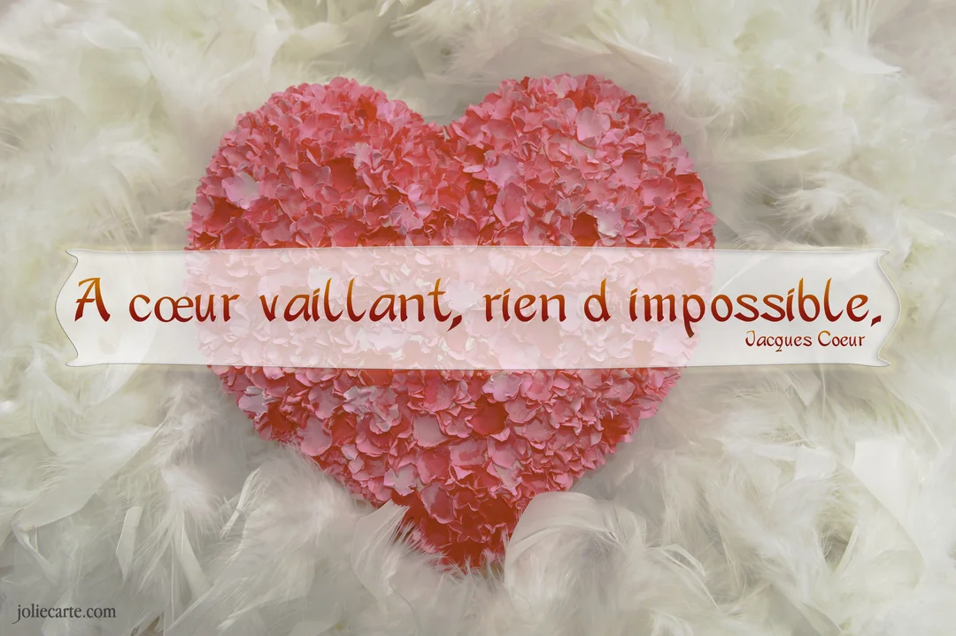 Un cœur rose composé de pétales repose sur un lit de plumes blanches, avec la citation 'A cœur vaillant, rien d'impossible' superposée.