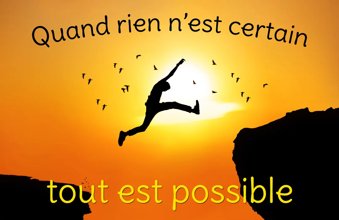 En contre-jour sur un coucher de soleil orange, une silhouette humaine saute par-dessus un gouffre, entourée d'une volée d'oiseaux.