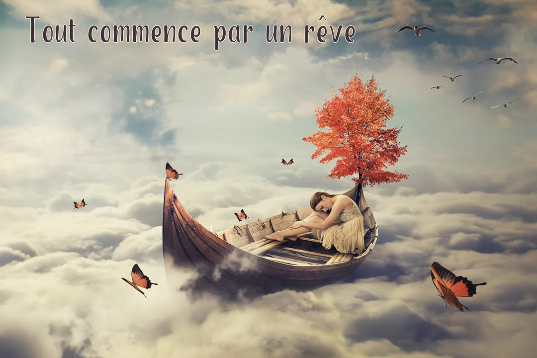 Une femme dort dans une barque en bois flottant sur une mer de nuages, accompagnée d'un arbre aux feuilles rousses et de papillons.