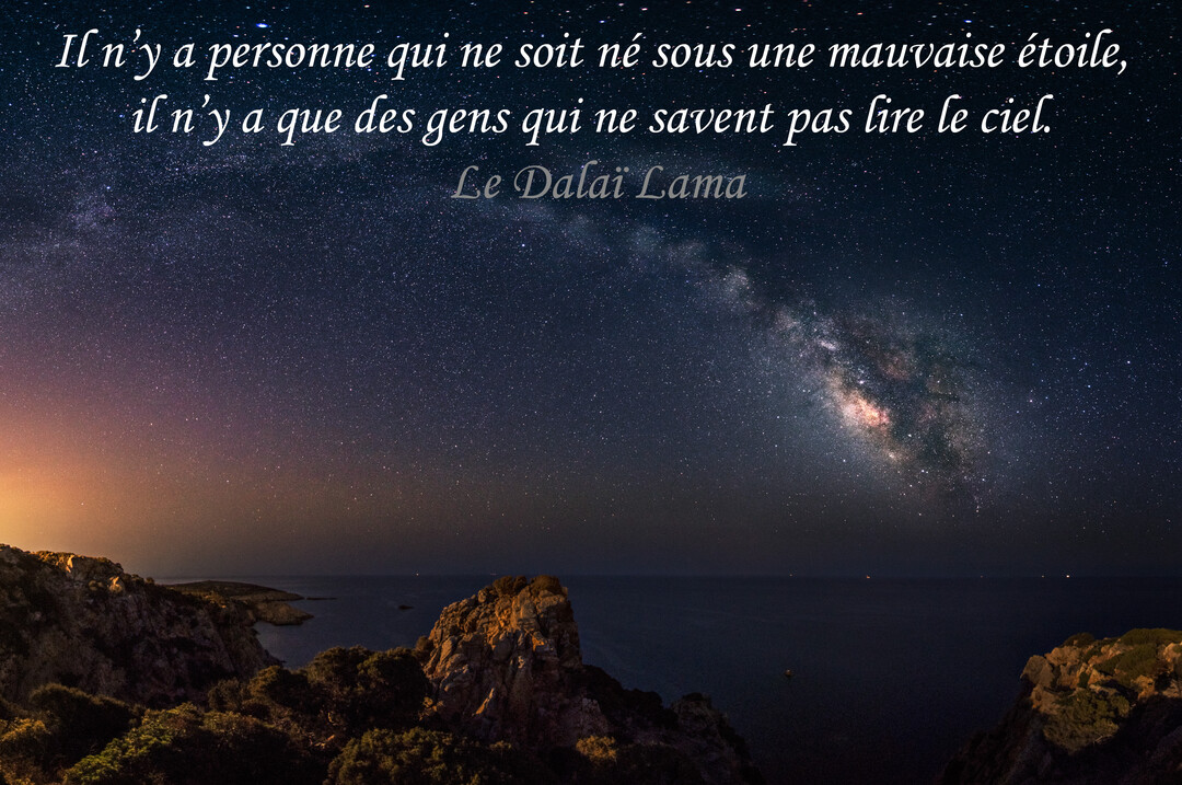 Un paysage nocturne montrant la Voie Lactée et un ciel rempli d'étoiles au-dessus de l'océan et d'une côte rocheuse sombre.