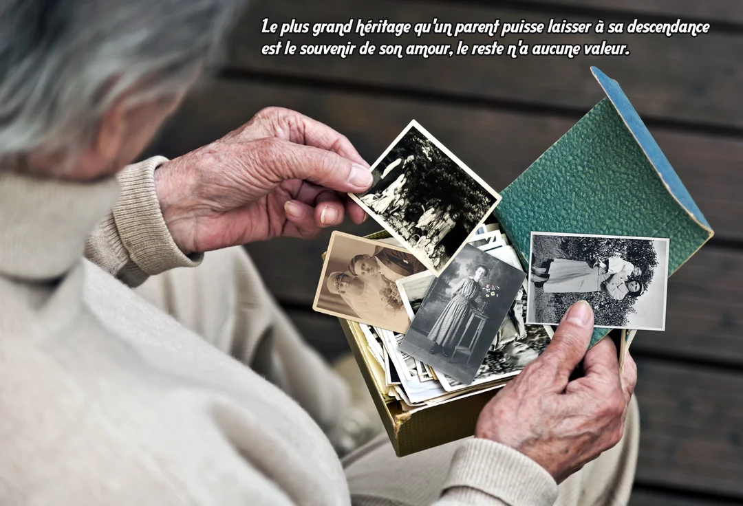 Vue de dos, une personne âgée examine de vieilles photographies de famille en noir et blanc sorties d'une boîte verte posée sur ses genoux.