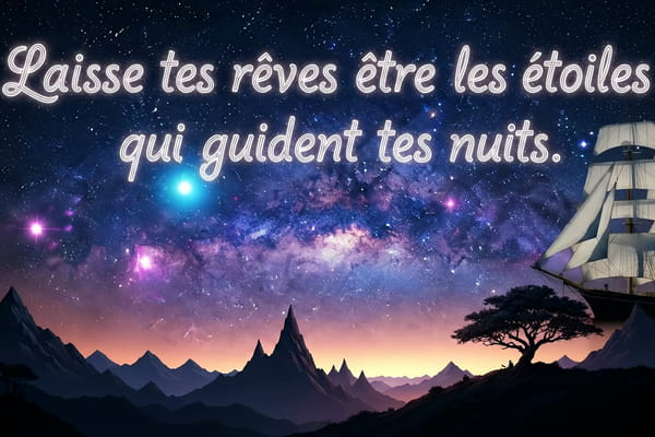 Citation poétique 'Laisse tes rêves être les étoiles qui guident tes nuits' sur un paysage nocturne de montagnes sous une galaxie colorée.